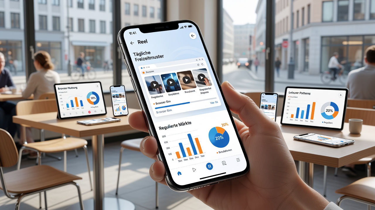 Browserbasierte Reel-Simulationen auf einem Smartphone-Display mit Regler-Symbolen und Nutzungsstatistiken