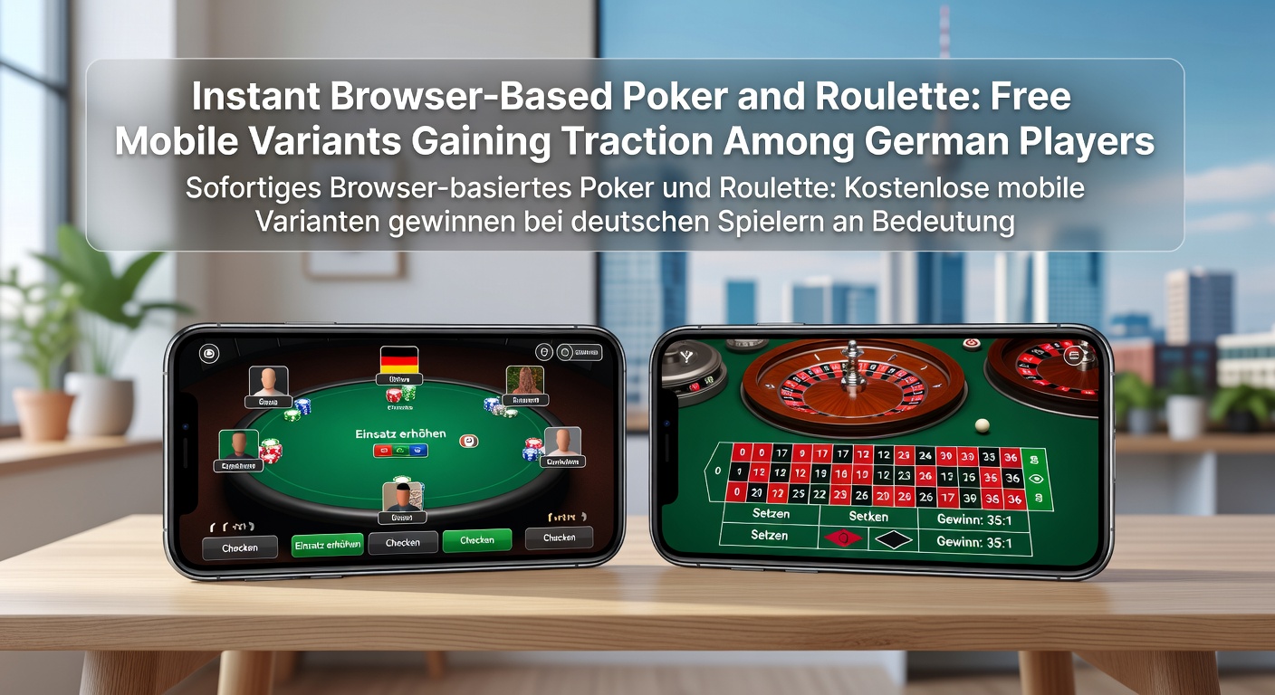 Mobilgerät mit geöffnetem Browser-Fenster, das ein kostenloses Poker-Spiel auf einem Smartphone zeigt, während ein Roulette-Rad im Hintergrund dreht