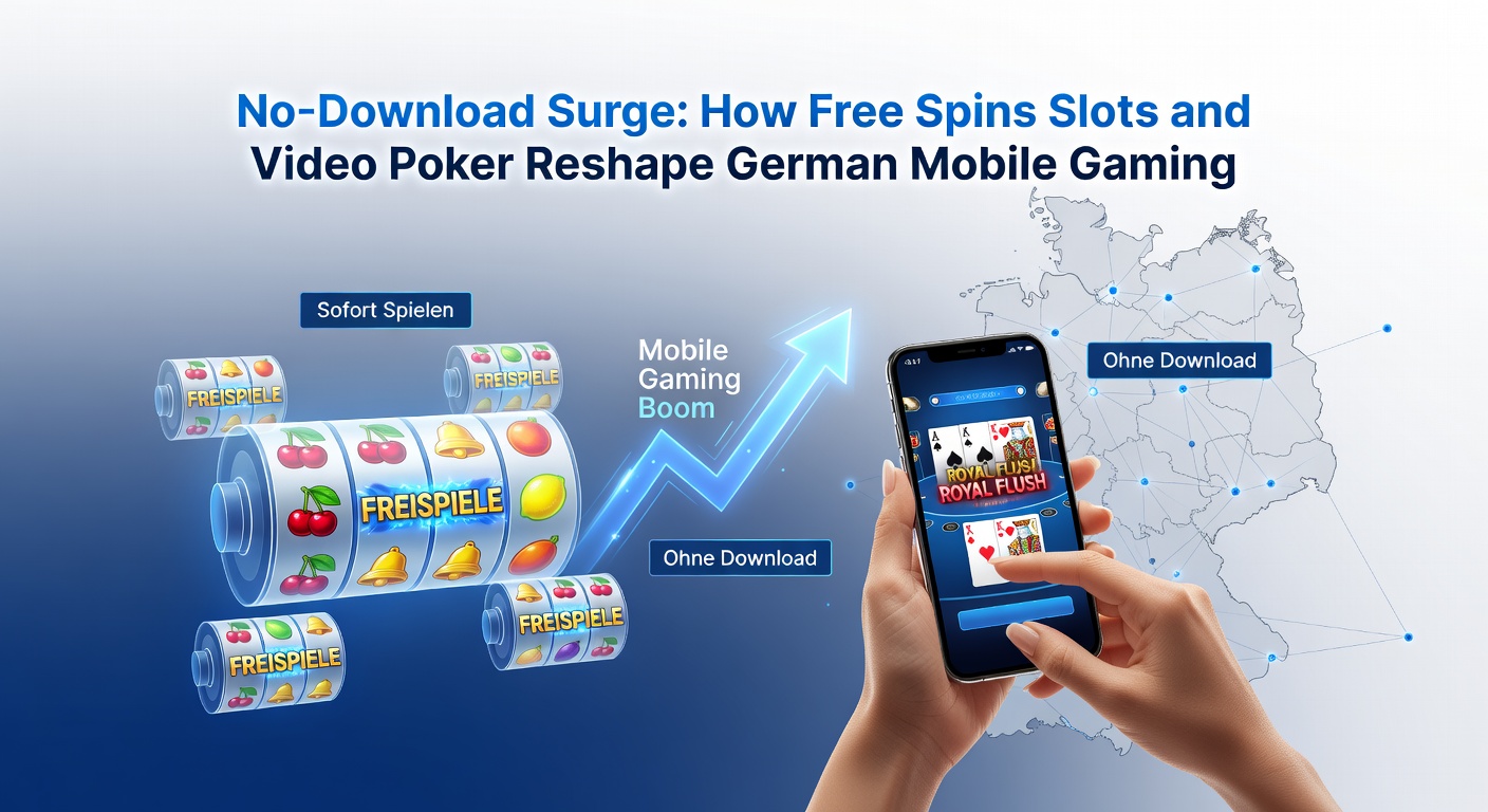 Smartphone mit laufendem No-Download-Slot-Spiel, das Free Spins anzeigt, umgeben von typischen deutschen Mobile-Gaming-Elementen
