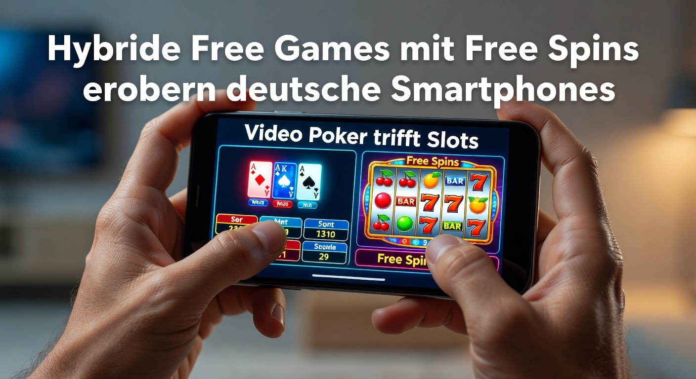Smartphone-Bildschirm mit hybriden Video-Poker-Slot-Free-Games, die Free Spins aktivieren, umgeben von typischen deutschen Nutzer-Apps