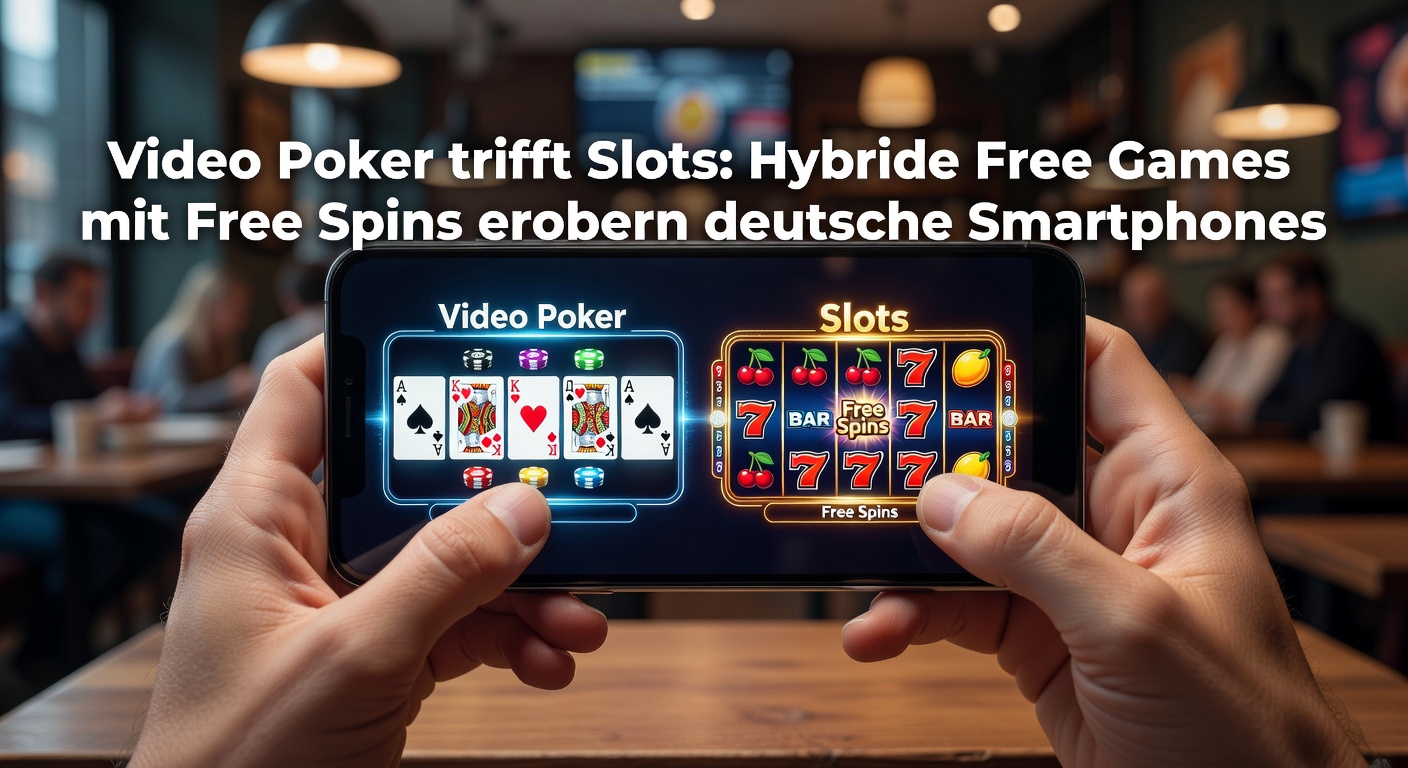 Detaillierter Screenshot eines hybriden Video-Poker-Slot-Spiels mit aktivierten Free Spins, Poker-Karten und drehenden Walzen auf einem Smartphone-Display